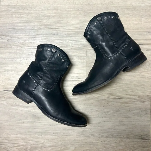 Frye Melissa Studded Boots Vintage Short Ankle Black Leather Women Sz 7 Moto - Picture 3 of 16